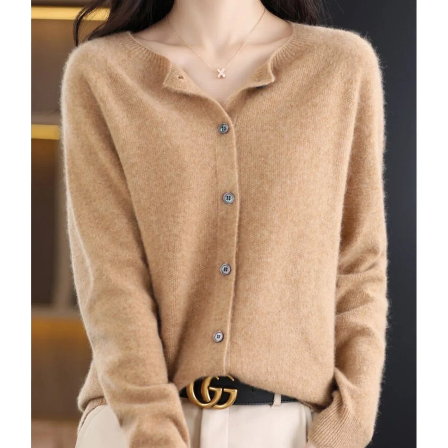 Women's O-Neck Cardigan Pure Wool Cashmere Sweater