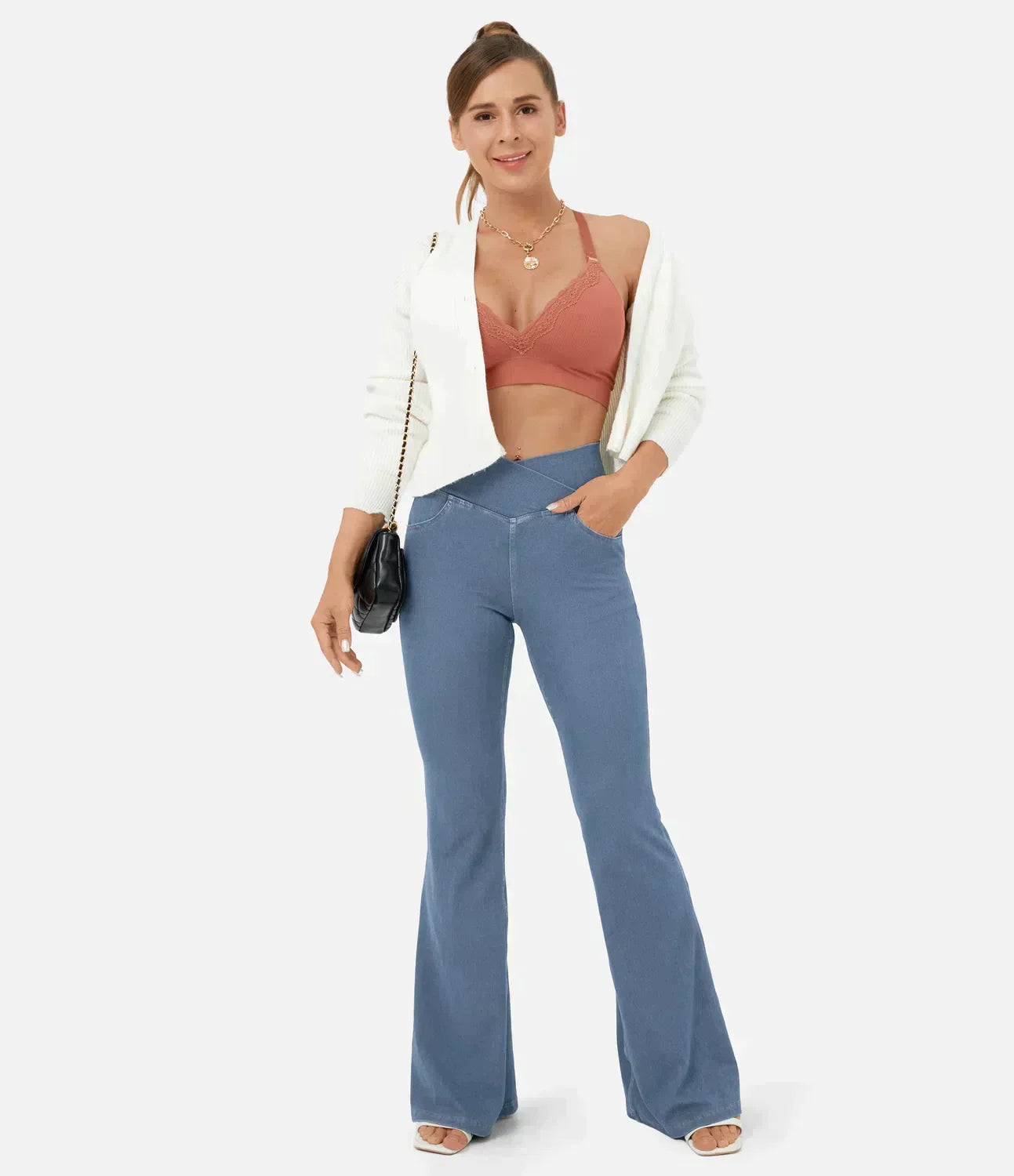 Women's High Waist Flared Jeans with Elasticated Waistband