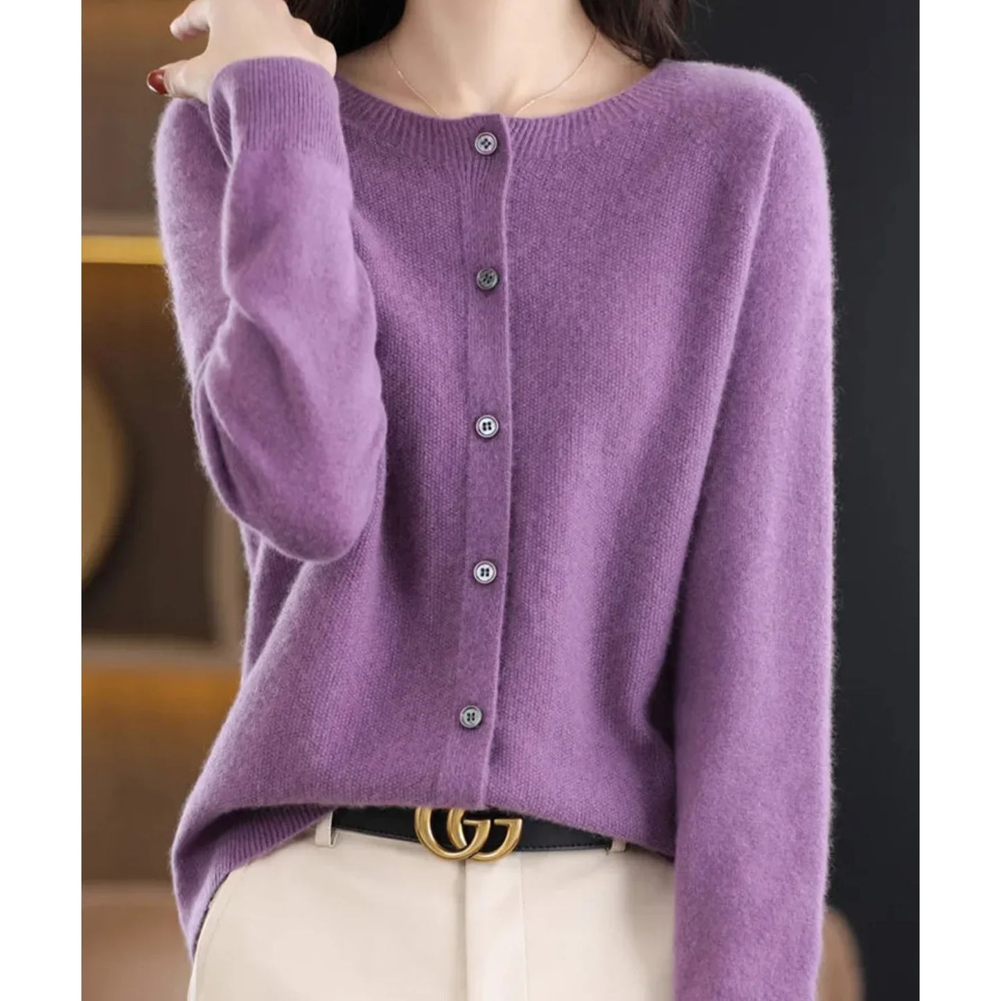 Women's O-Neck Cardigan Pure Wool Cashmere Sweater