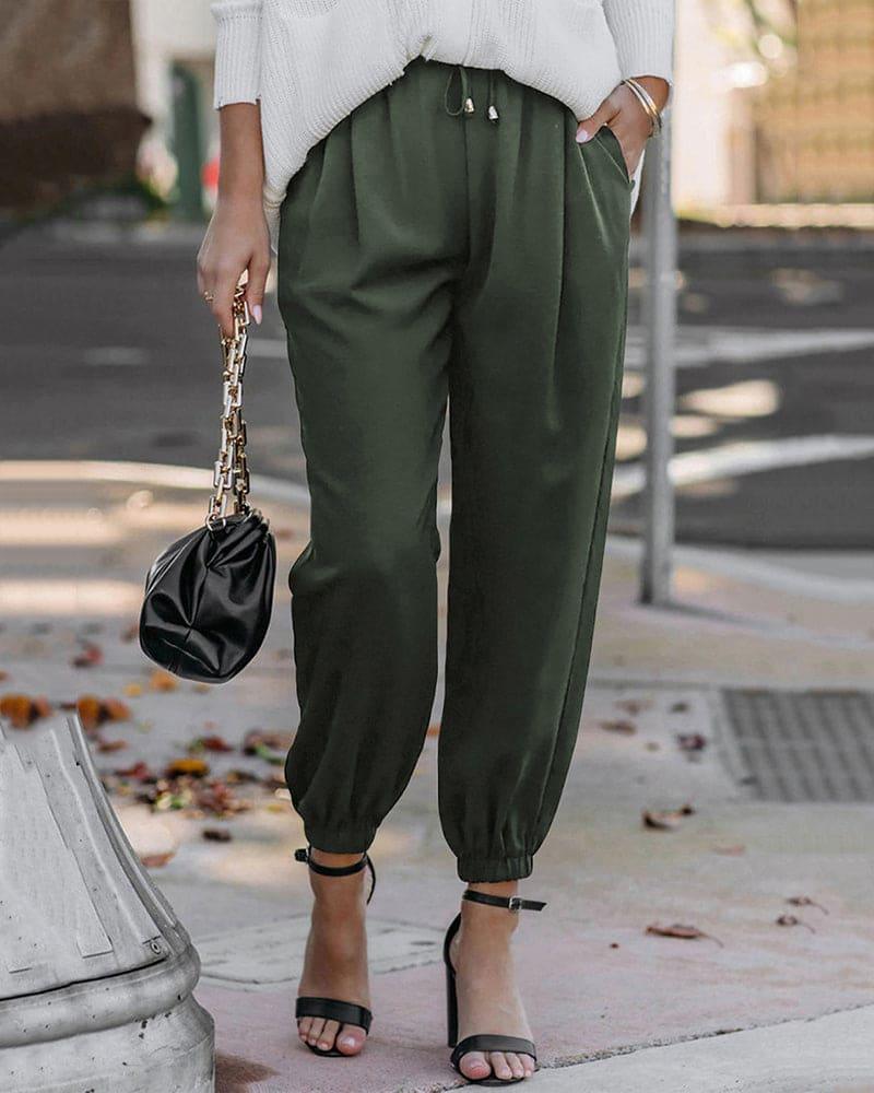 Women's High Waist Jogger Trousers with Elastic Cuffs and Adjustable Drawstring