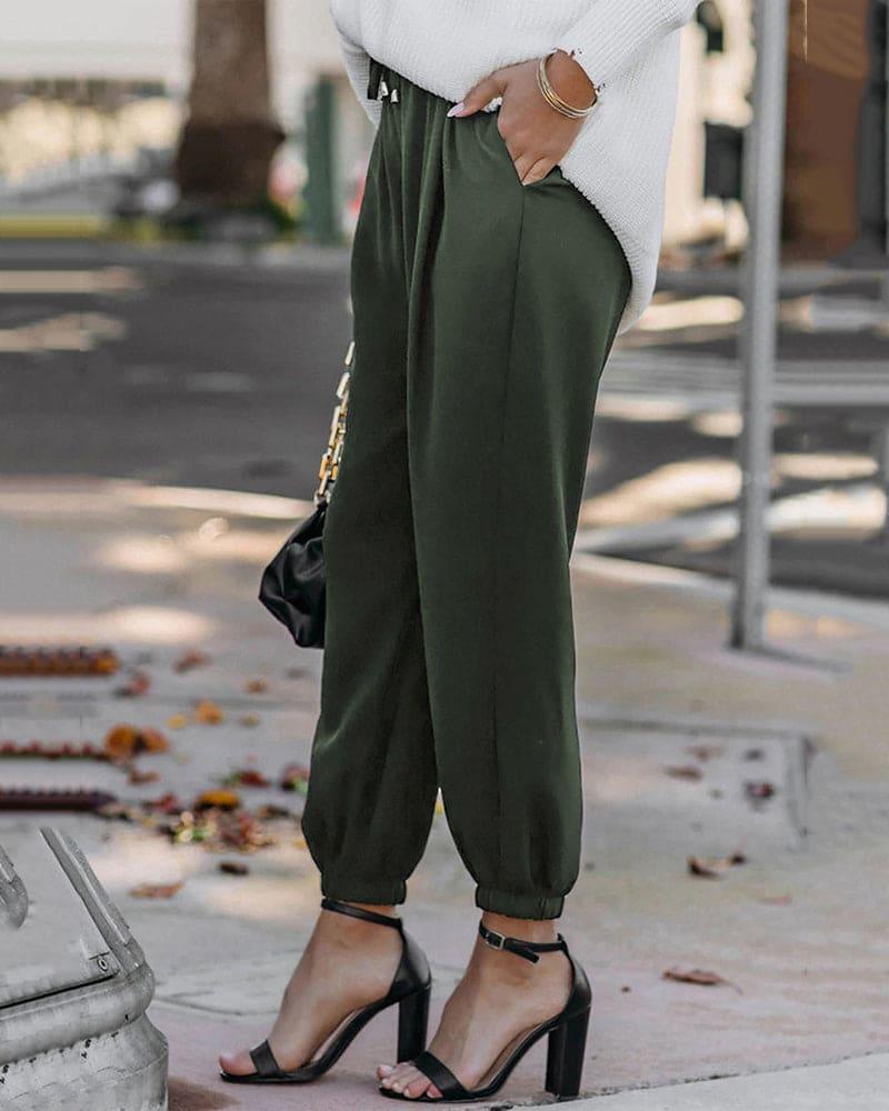Women's High Waist Jogger Trousers with Elastic Cuffs and Adjustable Drawstring