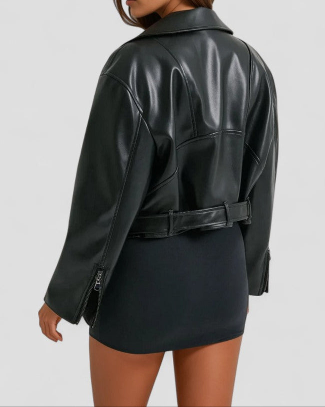 Women's Cropped Biker Jacket Faux Leather