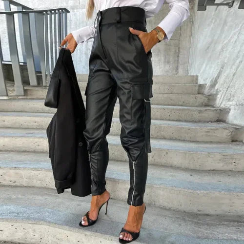 Women's Tapered Leg Faux Leather Trousers with High Waist and Zippered Ankle Detail