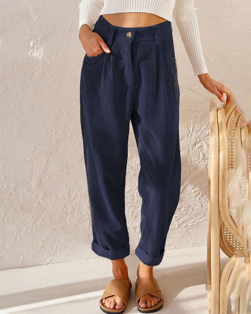 Women's High-Waisted Trousers Pleated Front Cuffed Hem Ribbed Fabric