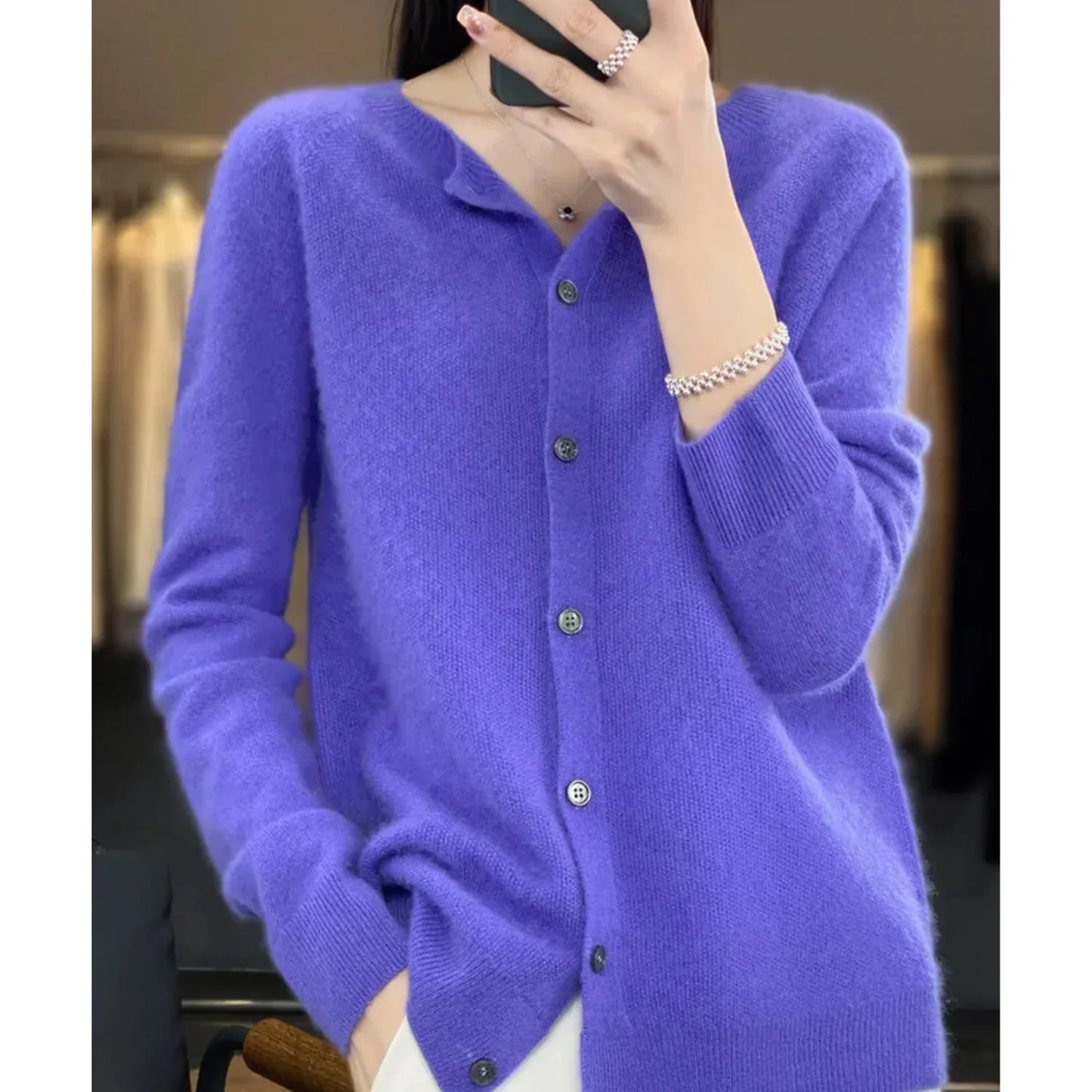 Women's O-Neck Cardigan Pure Wool Cashmere Sweater