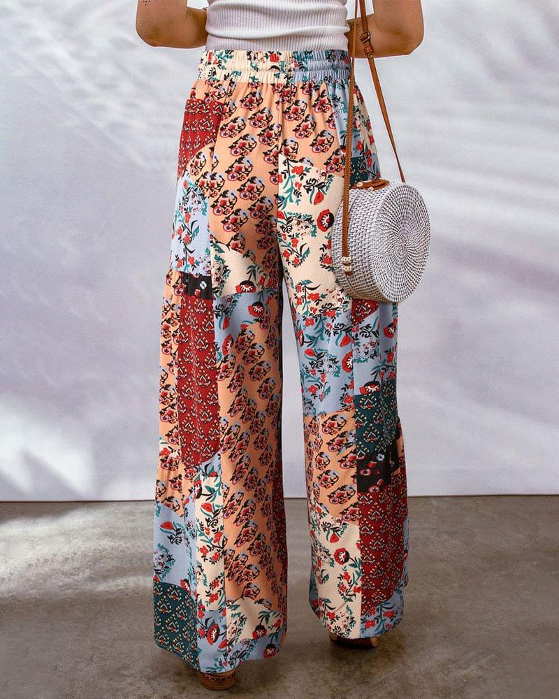 Women's High Waist Palazzo Trousers with Adjustable Drawstring and Boho Print