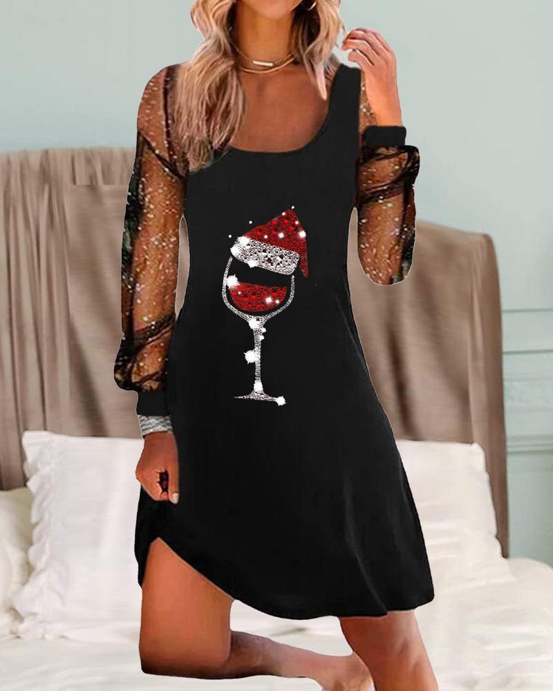 Women's Elegant Dress with Wine Glass Print