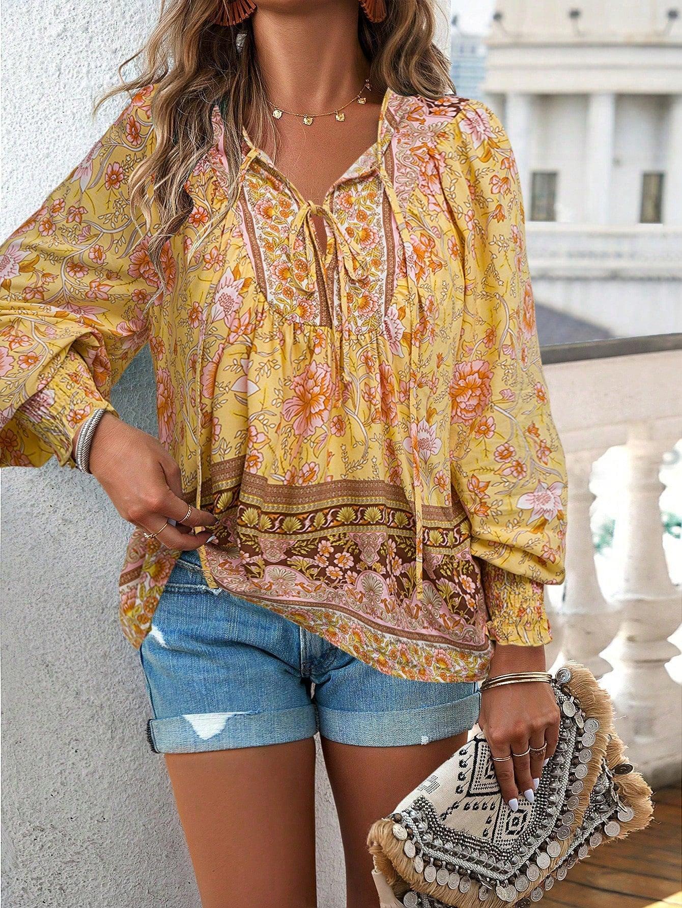 Women's Floral Tunic Top V-Neck Tie Long Sleeve