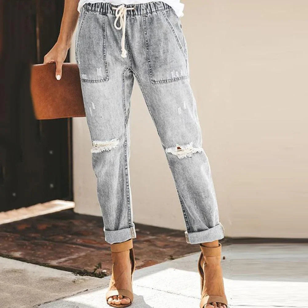 Women's Distressed Denim Jogger Trousers with Elastic Waist