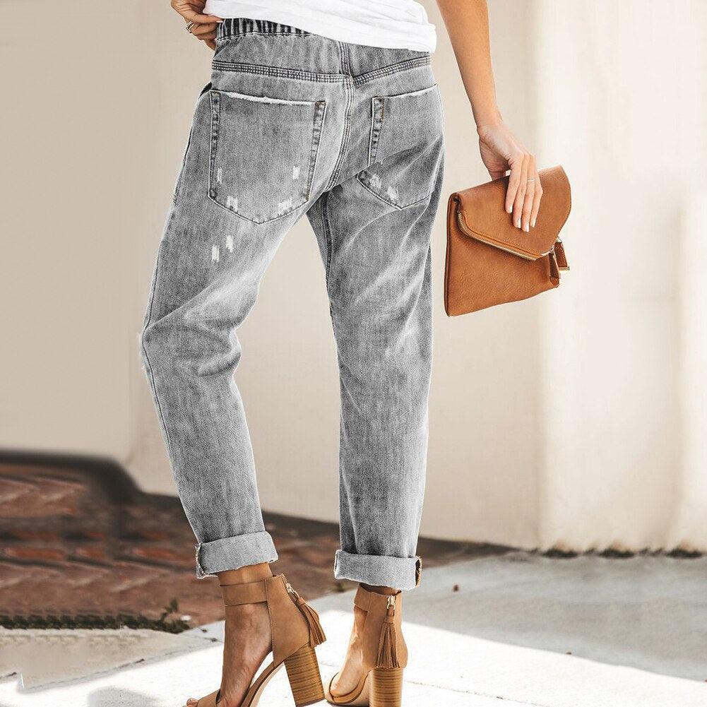Women's Distressed Denim Jogger Trousers with Elastic Waist