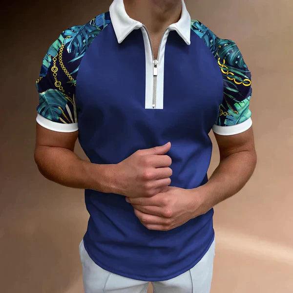 Men's Muscle Fit Knit Polo Shirt with Zipper Collar and Houndstooth Panel