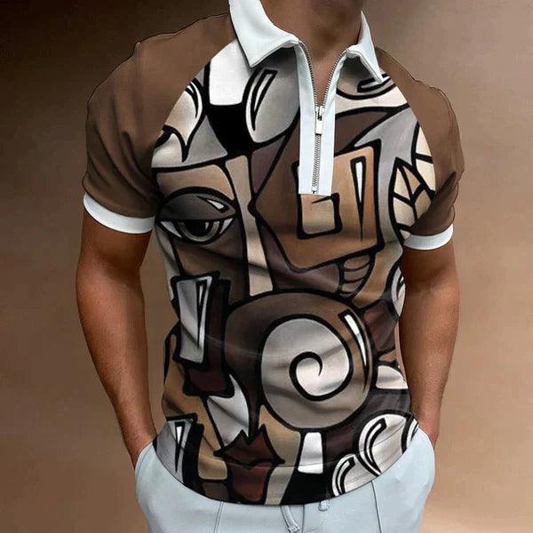 Men's Muscle Fit Knit Polo Shirt with Zipper Collar and Houndstooth Panel