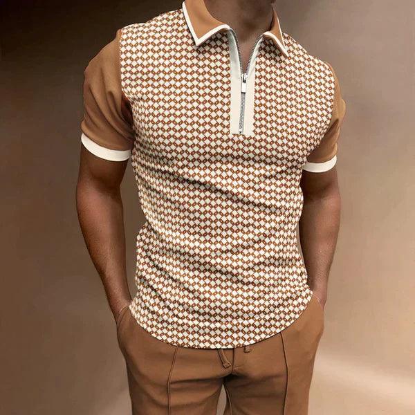 Men's Muscle Fit Knit Polo Shirt with Zipper Collar and Houndstooth Panel