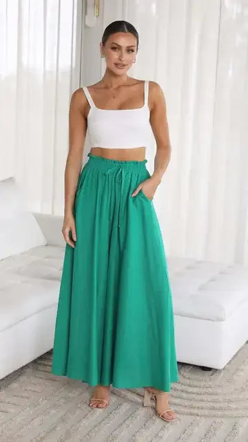 Women's High Waist Wide Leg Palazzo Trousers with Elastic Drawstring