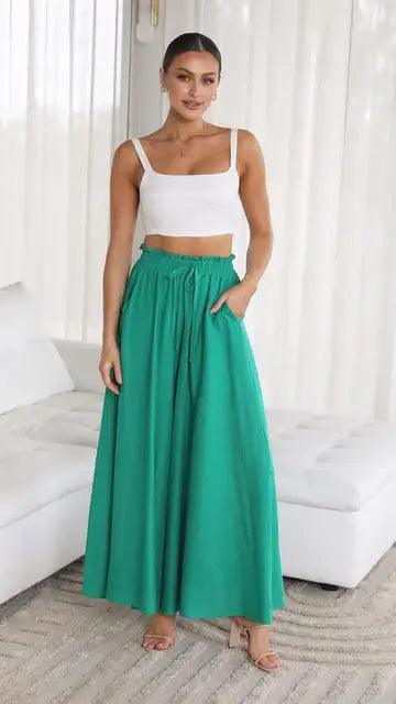 Women's Wide Leg Palazzo Trousers High Waist Elastic Drawstring Full Length