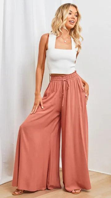 Women's Wide Leg Palazzo Trousers High Waist Elastic Drawstring Full Length
