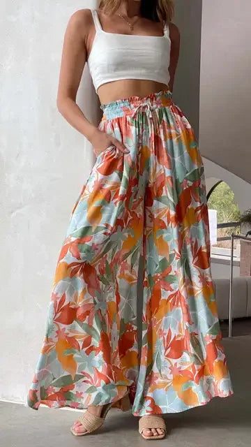 Women's High Waist Wide Leg Palazzo Trousers with Elastic Drawstring