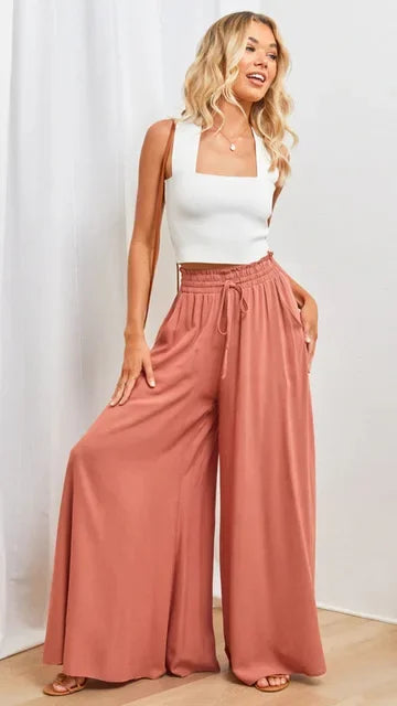 Women's High Waist Wide Leg Palazzo Trousers with Elastic Drawstring