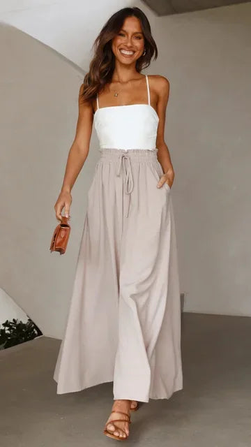 Women's High Waist Wide Leg Palazzo Trousers with Elastic Drawstring