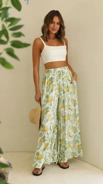 Women's High Waist Wide Leg Palazzo Trousers with Elastic Drawstring