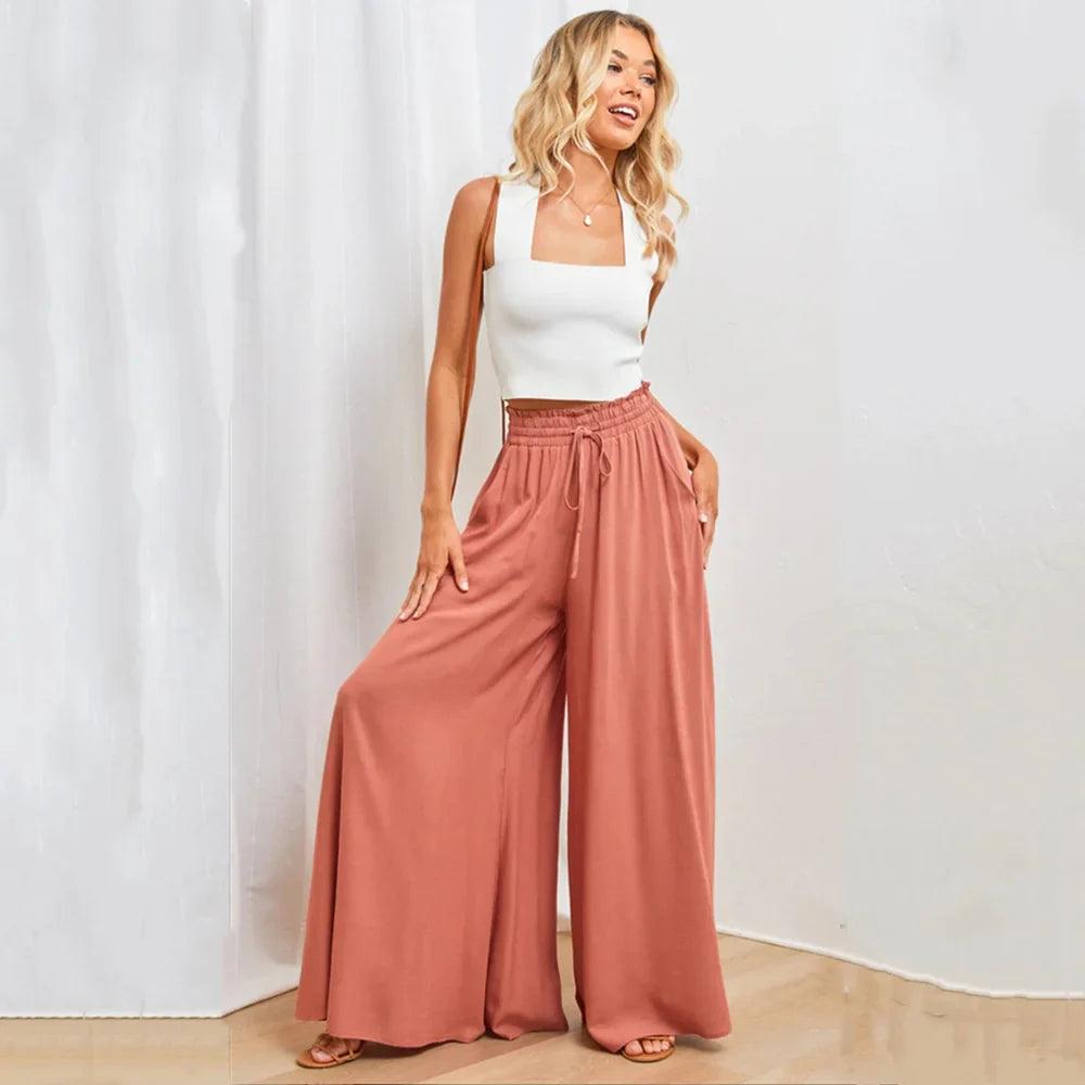 Women's Wide Leg Palazzo Trousers High Waist Elastic Drawstring Full Length