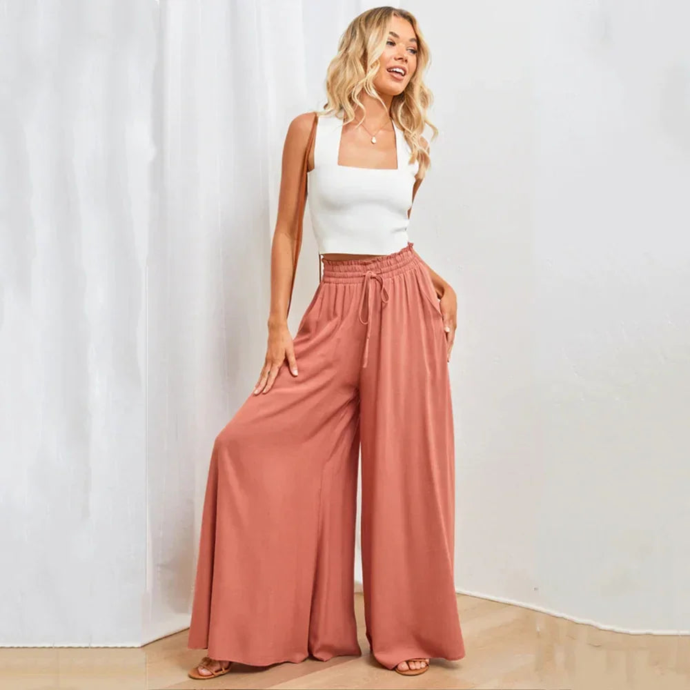Women's High Waist Wide Leg Palazzo Trousers with Elastic Drawstring