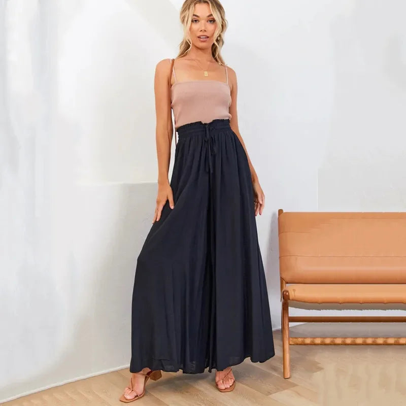 Women's High Waist Wide Leg Palazzo Trousers with Elastic Drawstring