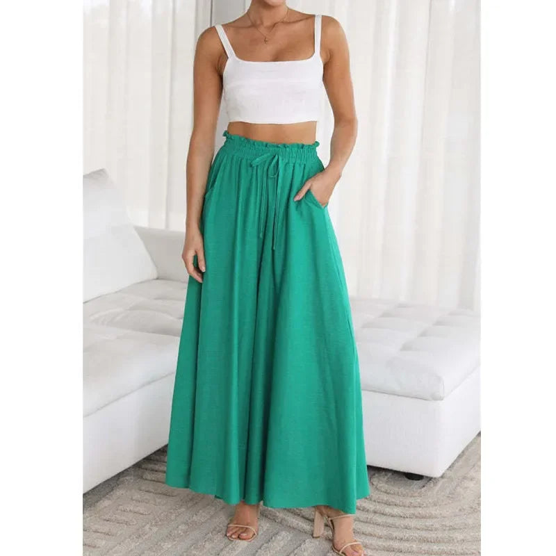 Women's High Waist Wide Leg Palazzo Trousers with Elastic Drawstring
