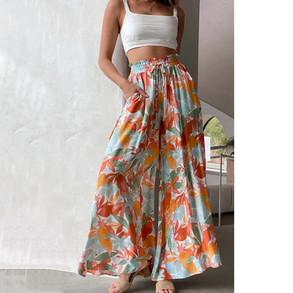 Women's High Waist Wide Leg Palazzo Trousers with Elastic Drawstring
