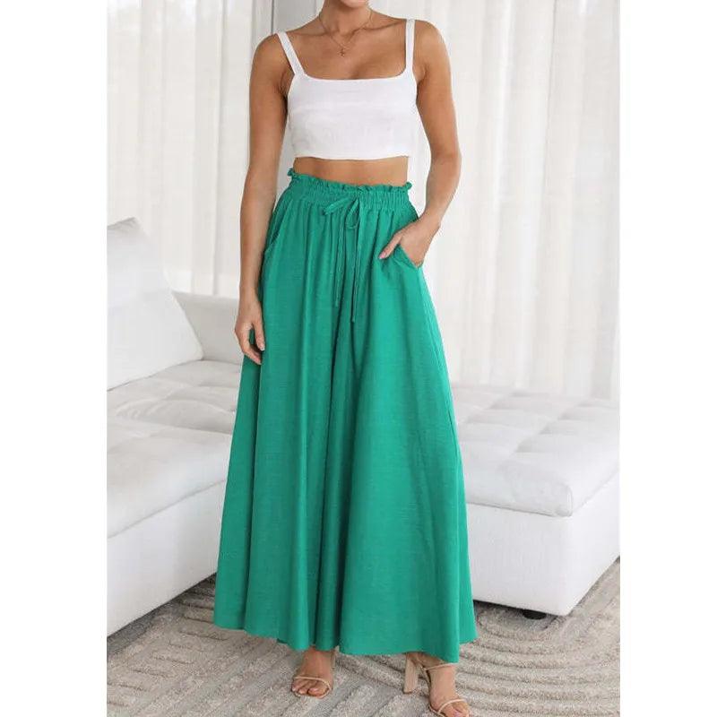 Women's Wide Leg Palazzo Trousers High Waist Elastic Drawstring Full Length