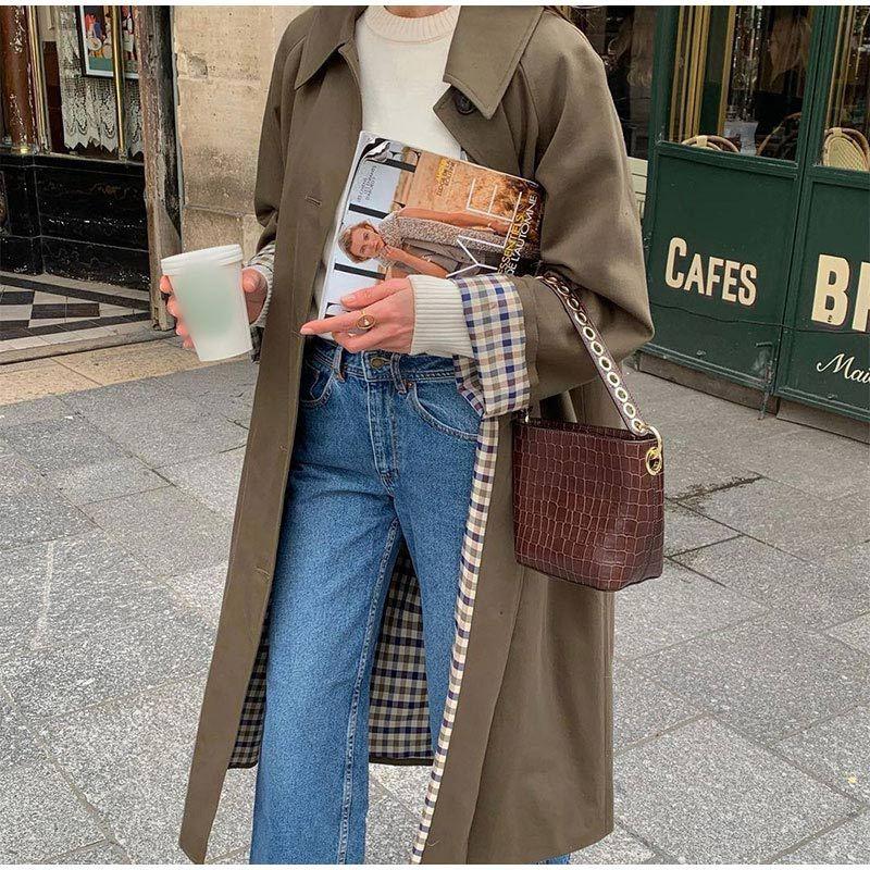 Women's Long Trench Coat with Grid Lining in Khaki Green