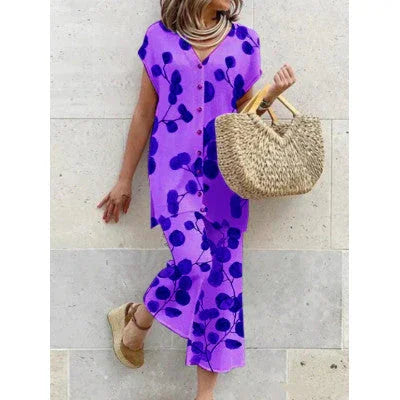 Women's Long Dress - V-Neck - Short Sleeve - Button Down - Botanical Print - Loose Fit