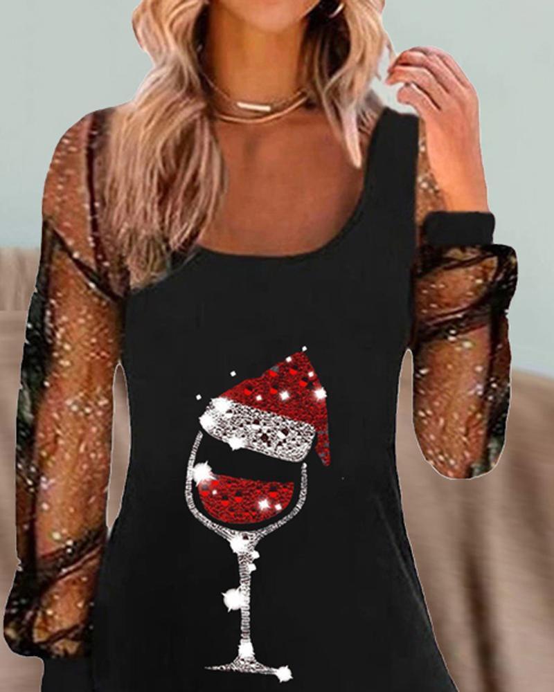 Women's Elegant Dress with Wine Glass Print