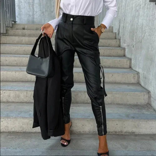 Women's Tapered Leg Faux Leather Trousers with High Waist and Zippered Ankle Detail