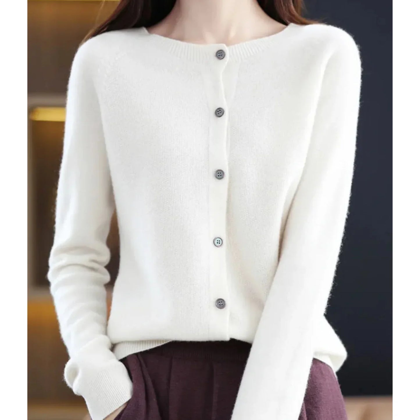 Women's O-Neck Cardigan Pure Wool Cashmere Sweater