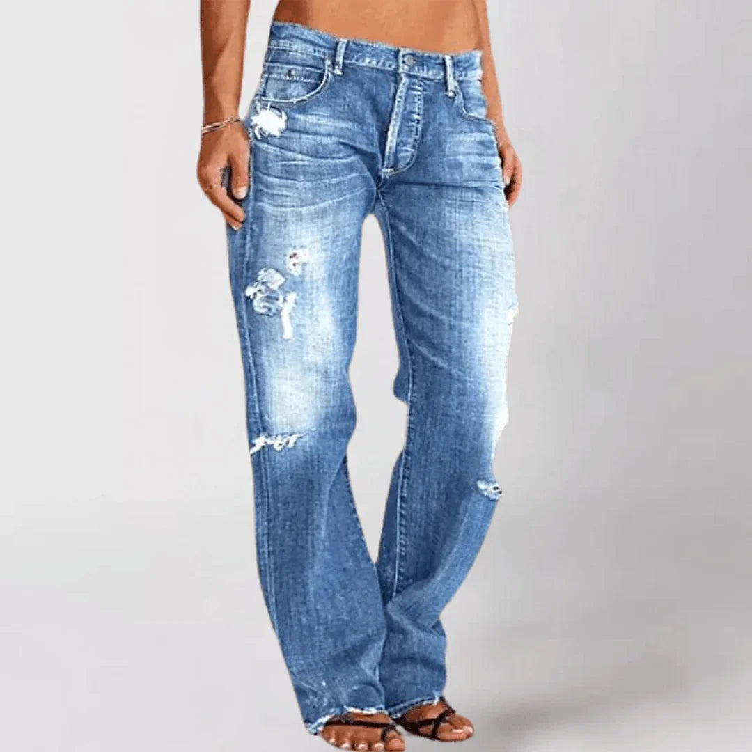 Women's Distressed Bootcut Jeans - Mid-Rise Stretch Denim - Casual Five-Pocket Style