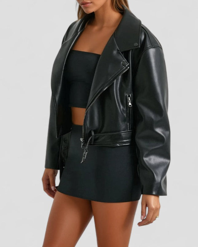 Women's Cropped Biker Jacket Faux Leather