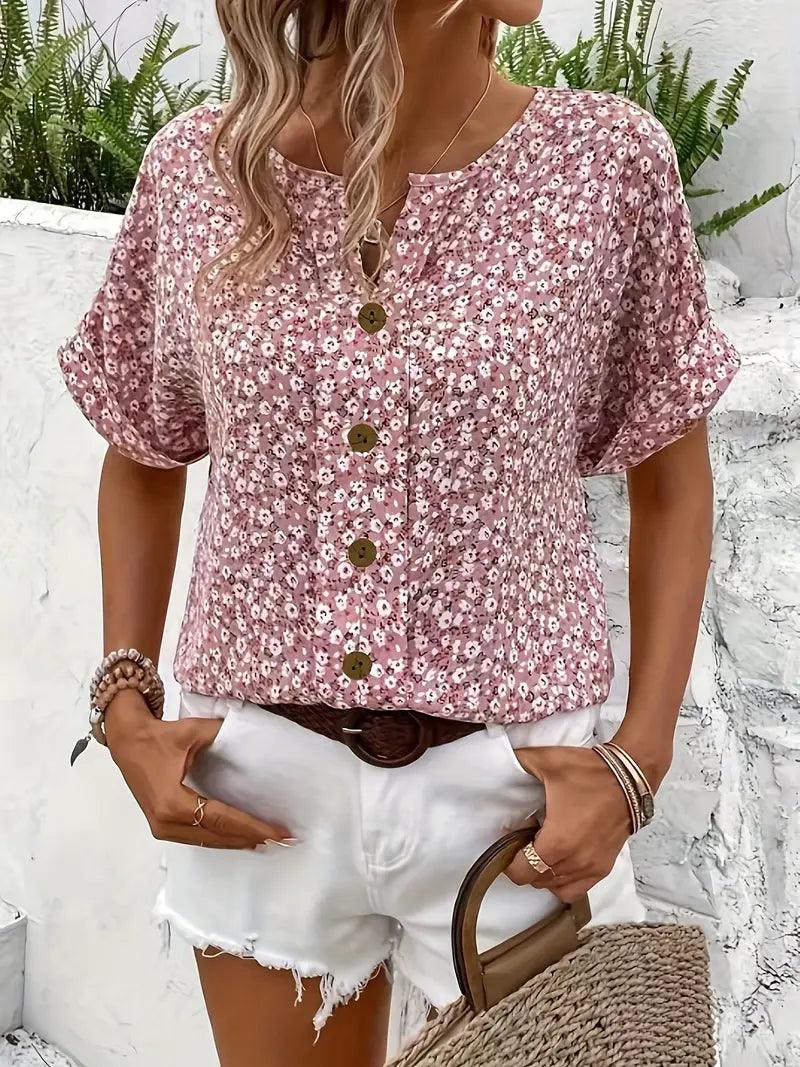 Women's Button-Up Floral Top with Short Sleeves and Loose Fit