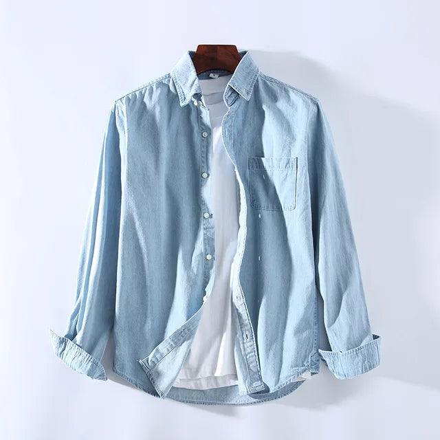 Men’s Button-Up Denim Shirt Long Sleeve Classic Collar
