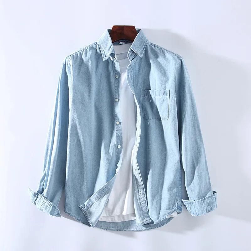 Men’s Button-Up Denim Shirt Long Sleeve Classic Collar
