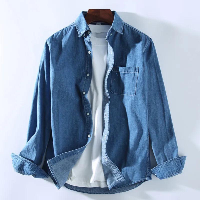 Men’s Button-Up Denim Shirt Long Sleeve Classic Collar