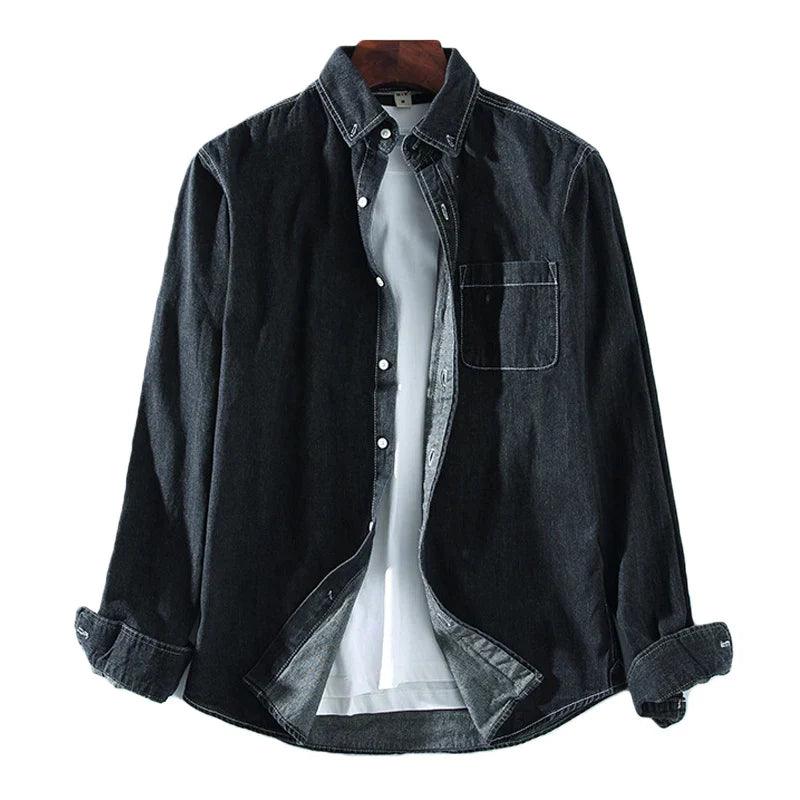 Men’s Button-Up Denim Shirt Long Sleeve Classic Collar
