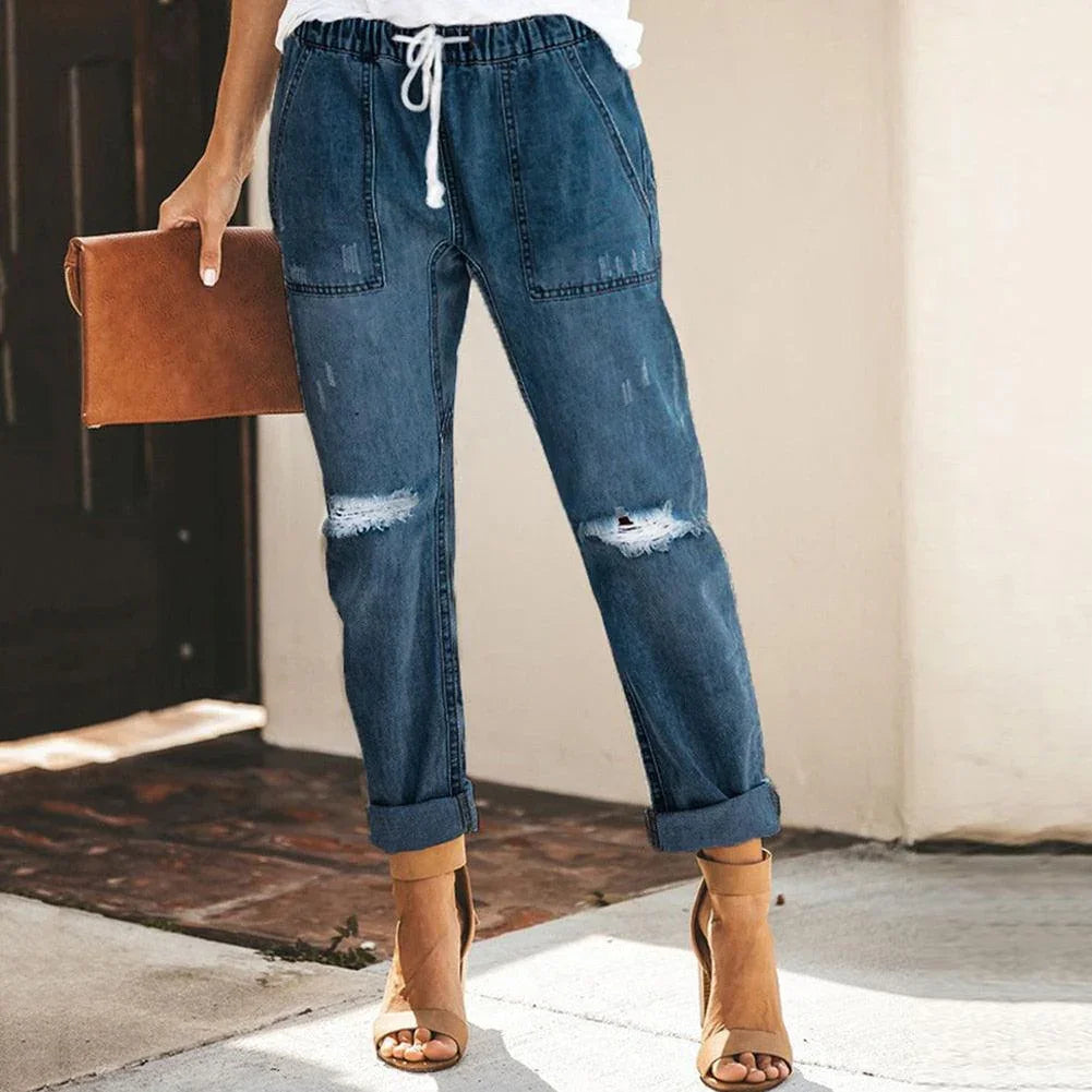 Women's Distressed Denim Jogger Trousers with Elastic Waist