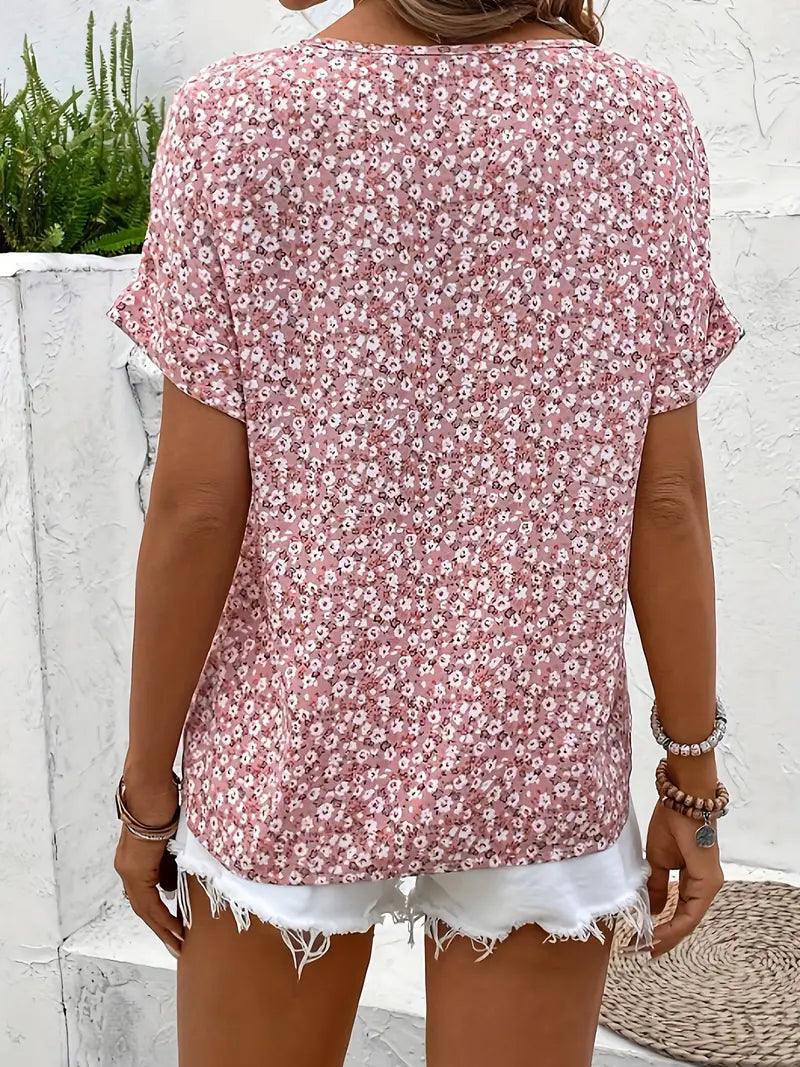 Women's Button-Up Floral Top with Short Sleeves and Loose Fit