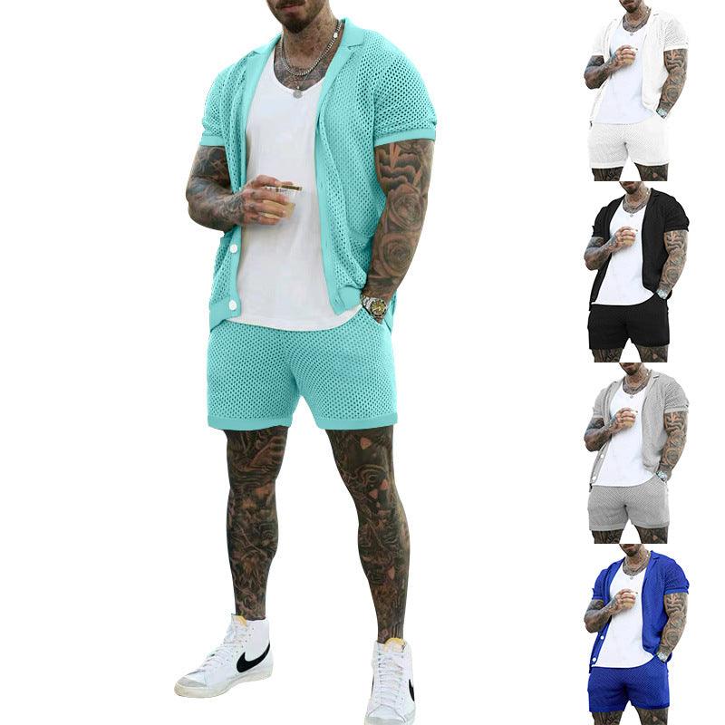 Men's Casual Hollow Short Sleeve Shirt and Shorts Set