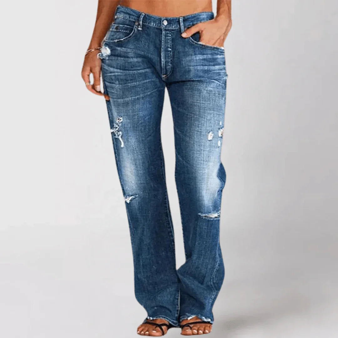 Women's Distressed Bootcut Jeans - Mid-Rise Stretch Denim - Casual Five-Pocket Style