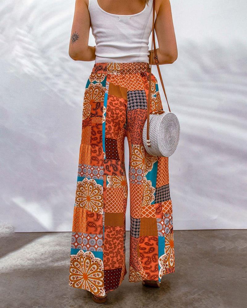 Women's High Waist Palazzo Trousers with Adjustable Drawstring and Boho Print