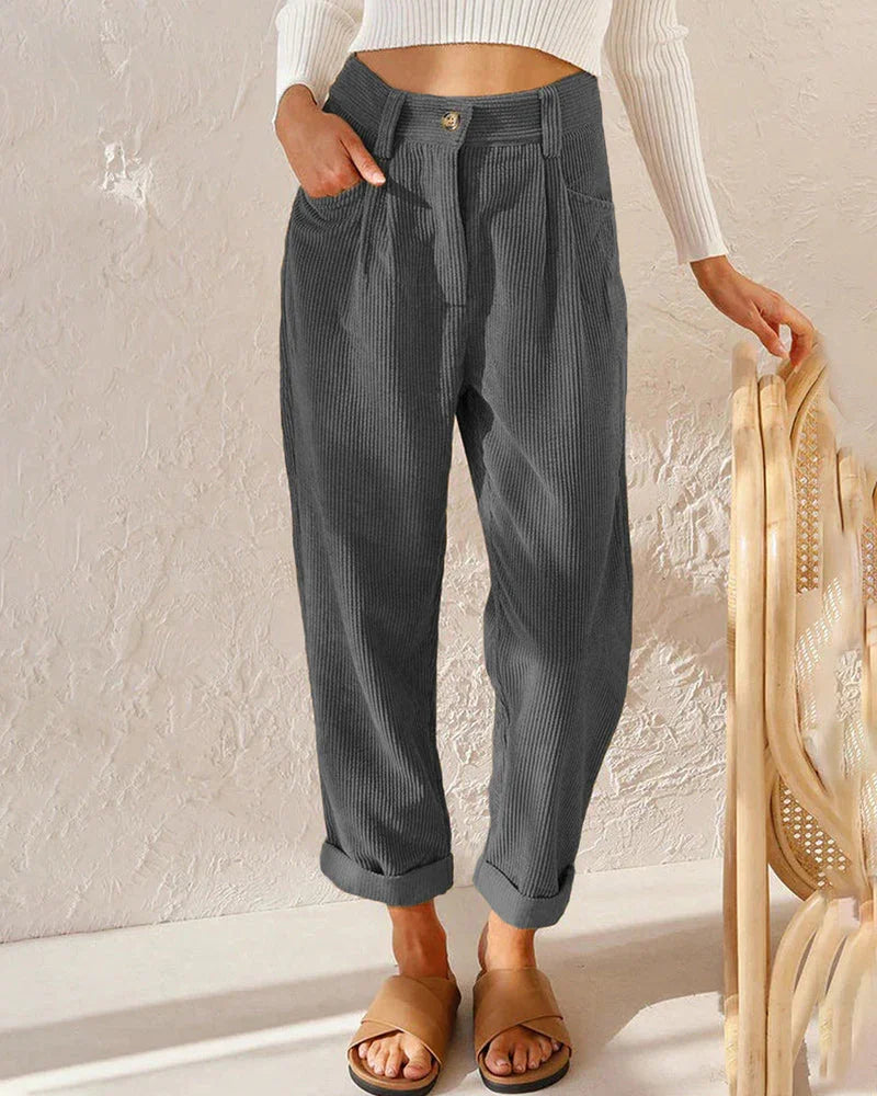 Women's High-Waisted Trousers Pleated Front Ribbed Fabric