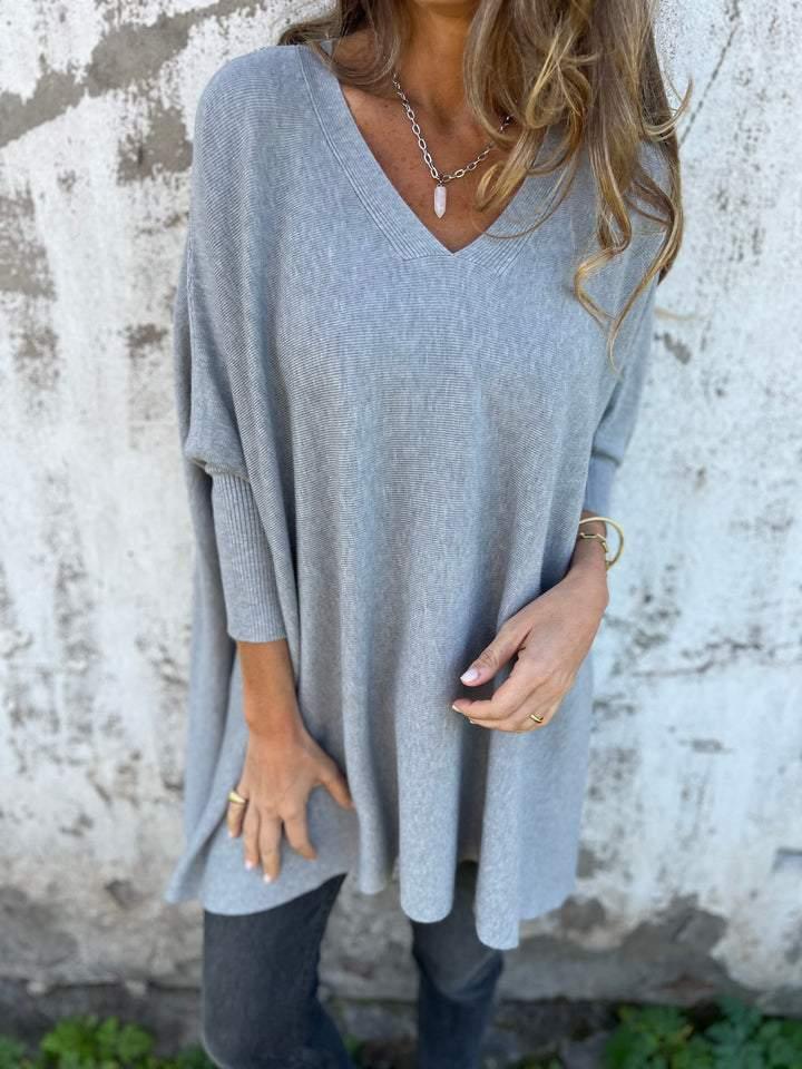 Women's V-Neck Oversized Shirt with Drop Shoulders and Long Sleeves