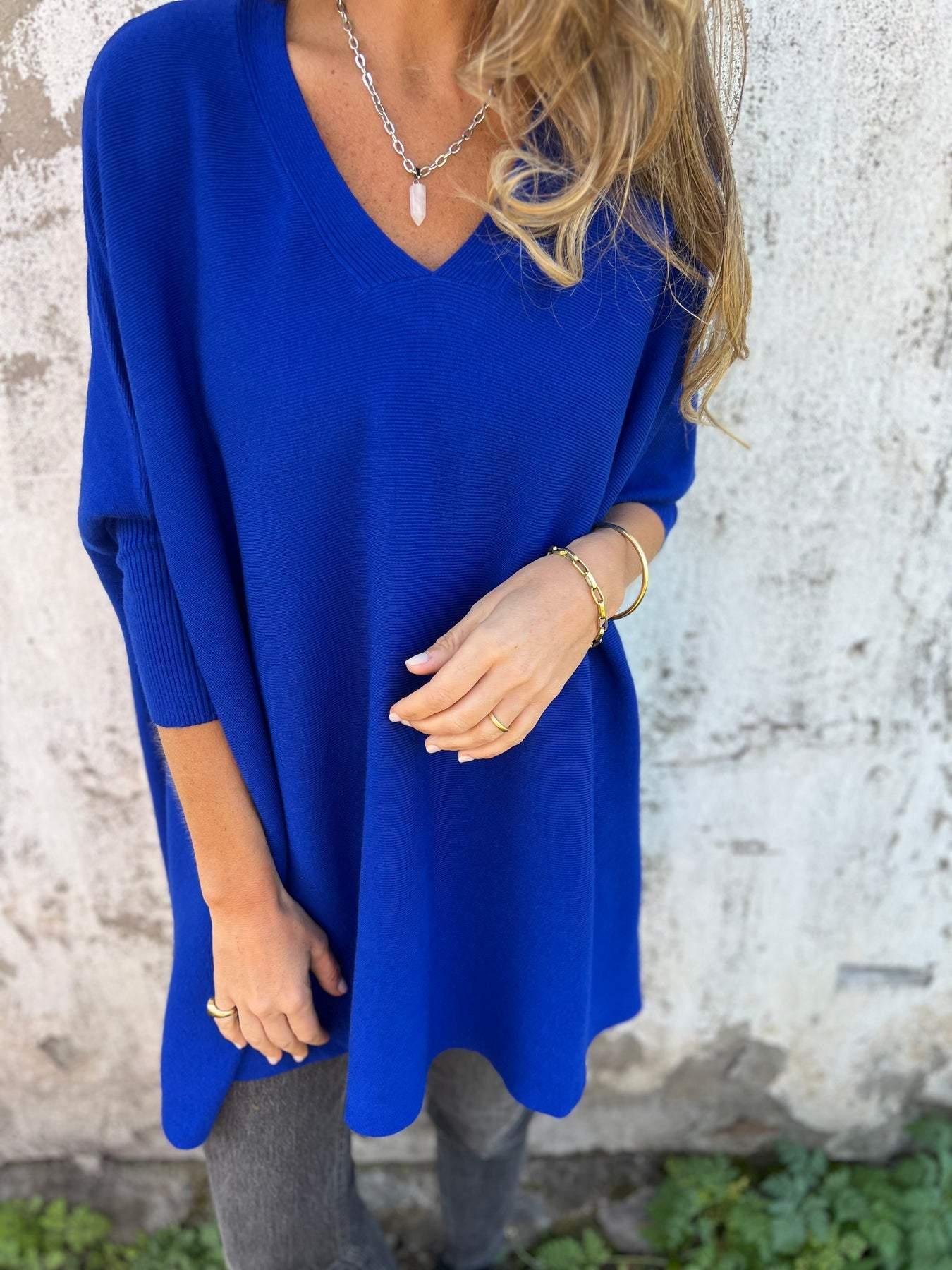 Women's V-Neck Oversized Shirt with Drop Shoulders and Long Sleeves
